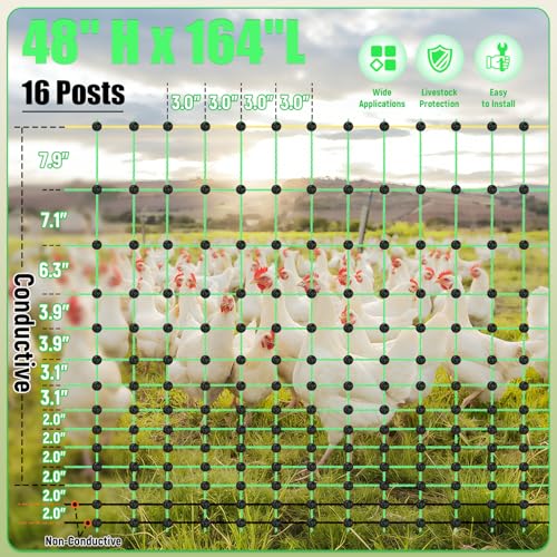48" x 164' Portable Chicken Fence Kit, Electric Poultry Netting with 16 Posts & 2 Spikes, Anti-Predator Electric Fencing for Chicken, Ducks, Goats, Farm & Ranch Use