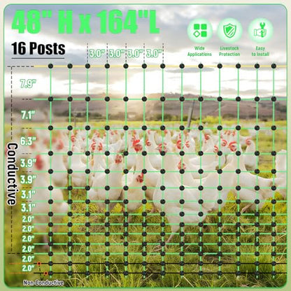 48" x 164' Portable Chicken Fence Kit, Electric Poultry Netting with 16 Posts & 2 Spikes, Anti-Predator Electric Fencing for Chicken, Ducks, Goats, Farm & Ranch Use