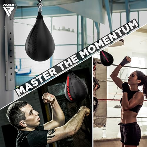 RDX Speed Bag Boxing Ball, Maya Hide Leather Dodge Striking Target with Additional Bladder, MMA Muay Thai Punching Workout Kicking Martial Arts Training Home Gym Exercise Speedball - color: BLACK RED, size: Speed Bag with Swivel