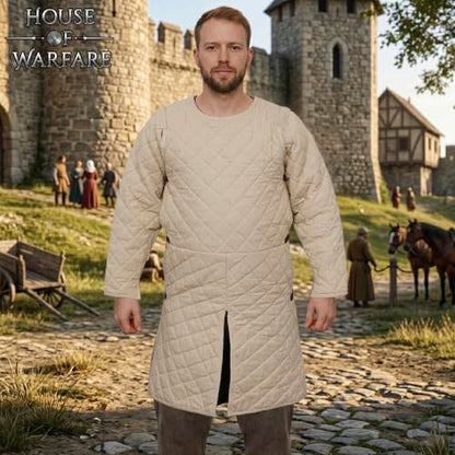 Medieval Gambeson Men Jacket | Padded Gambeson Coat 13th Century 2-Layer – Quilted Cotton Arming Wear - color: Ecru, size: Large
