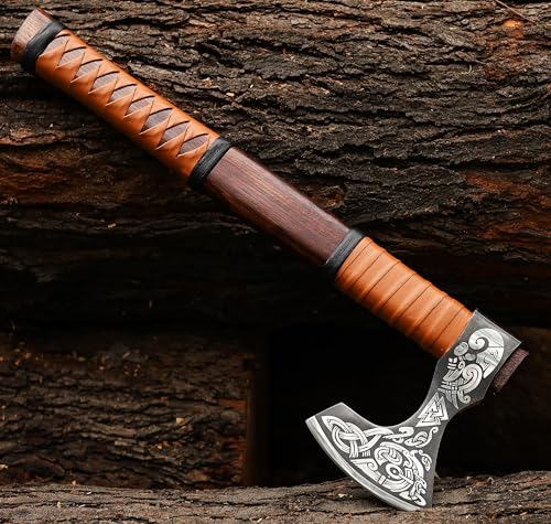 SHINY CRAFTS® Handcrafted Viking Axe – Engraved Nordic Blade with Wooden Handle Unique Gift for Men, Collectors, Cosplay, and Medieval Decor (Brown-VBA-17) - color: Brown-VBA-17