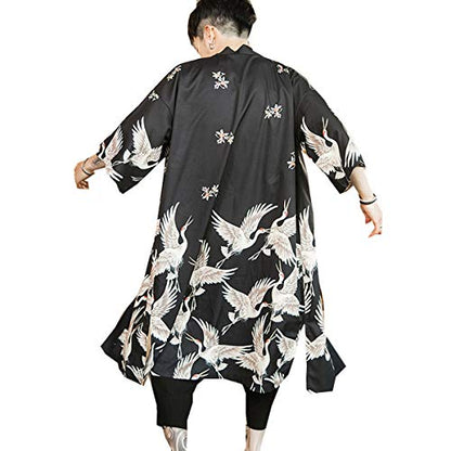 Seidarise Men's Haori, Long Kimono Cardigan Jacket Japanese Style Flying Crane Seven Sleeves Open Front Coat - color: Black, size: Medium
