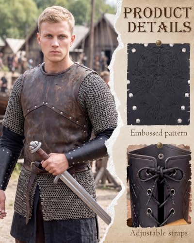 Medieval Viking Leather Bracers Renaissance Embossed Arm Guards - color: Black - Phoenix
