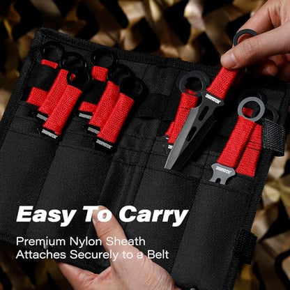 Dispatch 12-Piece 6.5" Throwing Knife Set, Stainless Steel Well-Balanced Throwers with Paracord Handle, Includes Nylon Storage Case for Outdoor Recreation & Competition - style: Red Throwing Knives Set of 12