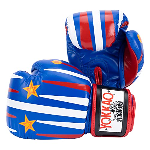 YOKKAO Design Breathable Muay Thai Boxing Glove | Premium Leather Training and Sparring Gloves for Men and Women | Winning Boxing Gloves | Punching Glove - color: Redgammon Blue, size: 14oz
