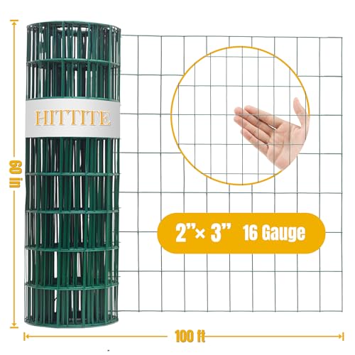 Green PVC Coated Welded Wire Fencing, 60in High x 100ft Long, 2 inch x 3 inch 16GA 2/3/4/5/6 Ft Tall Welded Wire Fence Rolls, Green Metal Garden Fence Wire Roll Garden Fencing for Yard - color: Green, size: 2"x3" 16GA 60" x 100'