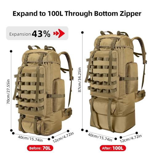 70L/100L Camping Hiking Backpack with Rain Cover, Expandable Large Military Tactical Backpack, Waterproof Molle Rucksack Travel Backpacking Daypack for Climbing Trekking (Khaki) - color: Khaki