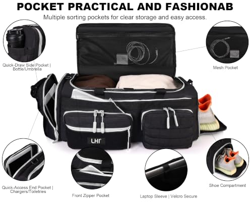 LHI 50L Tactical Duffle Bag for Men, 3-in-1 Gym Duffle and Backpack, Shoe Compartment, Laptop Sleeve and MOLLE, Carry-On Travel Weekender and Overnight Bag – Black with White zippers - color: Black white