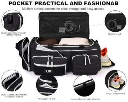 LHI 50L Tactical Duffle Bag for Men, 3-in-1 Gym Duffle and Backpack, Shoe Compartment, Laptop Sleeve and MOLLE, Carry-On Travel Weekender and Overnight Bag – Black with White zippers - color: Black white