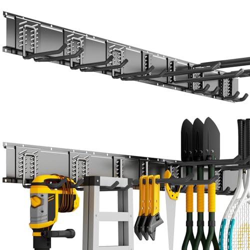 Garage Tool Organizer Wall Mount, 48 Inch Heavy Duty Garden Tool Organizer Storage System, Easy Install with 7 Adjustable Hooks, for Garage, Basement, Shed, Workshop, Black, Steel - size: 48" - 7 Hooks