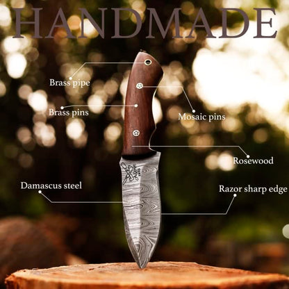 Fixed Blade Damascus Steel Hunting Knife with Leather Sheath, 9'' Full Tang Hunting Skinning Knife,Non-Slip Wooden Handle,Camping Blade (Brown) - color: Brown