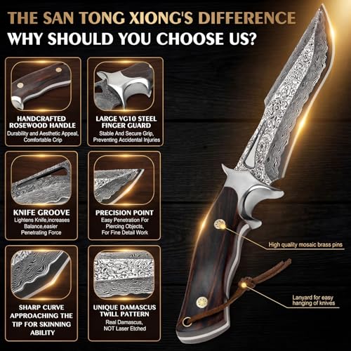 Damascus Hunting Knife,10.4" Fixed Blade VG10 Leather Sheath - style: Damascus Steel-2