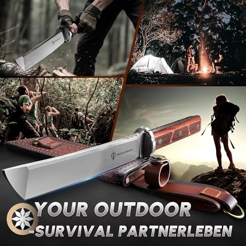 Dream Reach Japanese Tanto Knife, Fixed Blade Knife with Leather Sheath for Back, Survival Knives with Wood Handle, Samurai Knives for Camping Outdoor, Collection Gift for Men - size: 8.5"