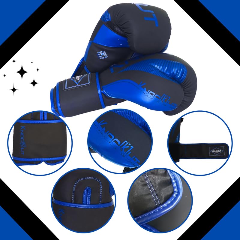 Knockout Elite Boxing Gloves 2 Pair Set, Complete Kit with Hand Wraps, Bag Pack, and Mouth Guard - Size 8oz-16oz-All Color Available - color: Black / Blue, size: 12 oz