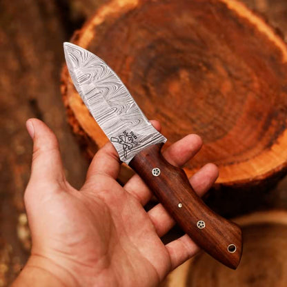 Fixed Blade Damascus Steel Hunting Knife with Leather Sheath, 9'' Full Tang Hunting Skinning Knife,Non-Slip Wooden Handle,Camping Blade (Brown) - color: Brown