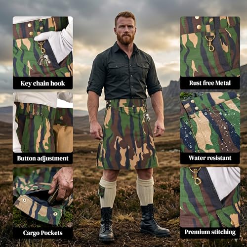 Camouflage Utility Kilt for Men – Rugged Ripstop Cotton Tactical mens kilt with Brass Hardware - size: 32