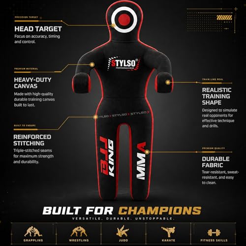 Unfilled Grappling Dummy – Adult Life Size Wrestling & BJJ Training Dummy, MMA Jiu Jitsu Judo Takedown & Throwing Practice, Heavy-Duty Triple-Stitched Canvas Submission Dummy - color: Black, size: 5ft / 60"