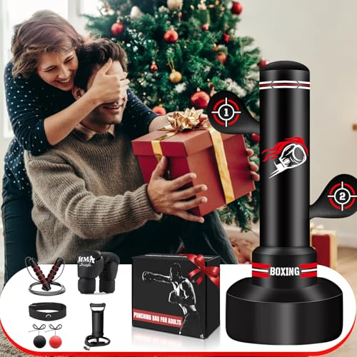 Heavy Freestanding Boxing Bag with Gloves, Pump and Jump Rope, Reflex Ball - color: Red and White