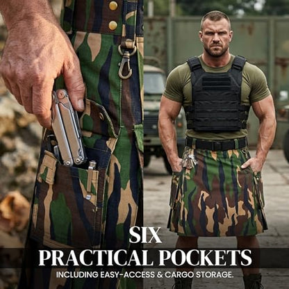 Camouflage Utility Kilt for Men – Rugged Ripstop Cotton Tactical mens kilt with Brass Hardware - size: 34