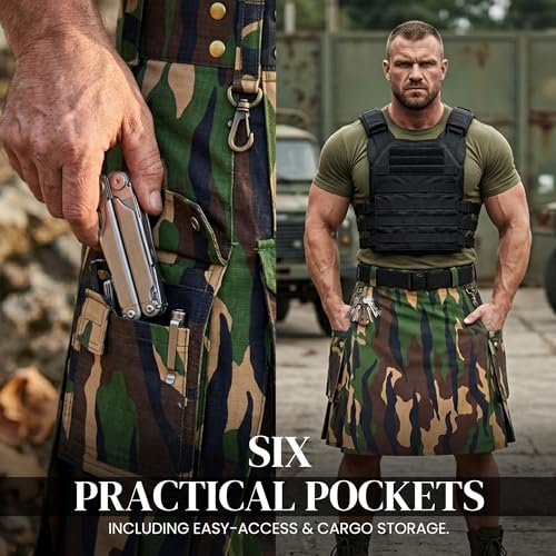 Camouflage Utility Kilt for Men – Rugged Ripstop Cotton Tactical mens kilt with Brass Hardware - size: 32