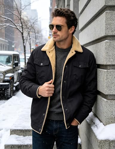 MAGNIVIT Mens Winter Jacket Thick Warm Fleece Lined Trucker Cargo Coat - color: Black, size: Small