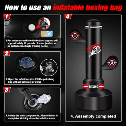 Heavy Freestanding Boxing Bag with Gloves, Pump and Jump Rope, Reflex Ball - color: Red and White