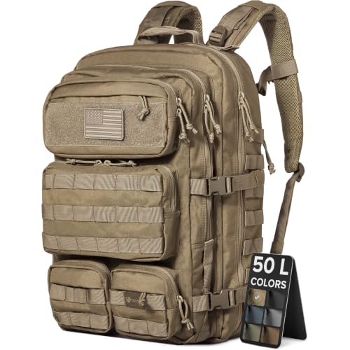 Falko Tactical Backpack for Men and Women 50L Backpack 2.4x Stronger Large Military Molle Rucksack, Bugout Backpack Outdoors - color: Desert Tan