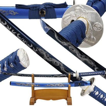 1045/1060 high Carbon Steel Full Hand Forged Traditional, Katana Sword Hademade Heat Tempered ，Japanese Samurai Swords ，Full Tang,Functional,Black - color: blue-duilong
