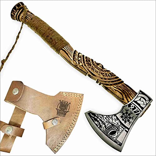 SHINY CRAFTS® Handcrafted Viking Axe – Engraved Nordic Blade with Wooden Handle Norse Bearded Hatchet for Men Unique Gift for Him, Collectors, Cosplay, Camping, Medieval Wall Decor (VBA-14) - color: VBA-14