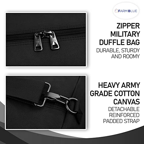 Farm Blue GI Style Zipper Duffel Bag Black - XL Heavy Duty Army Duffle Bags - Military Grade Cotton Canvas Duffle Bag - Reinforced Camping Bag - Strong Zipper & Center Grab Handle (Black, XL) - color: Black, size: XL