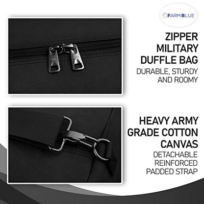 Farm Blue GI Style Zipper Duffel Bag Black - XL Heavy Duty Army Duffle Bags - Military Grade Cotton Canvas Duffle Bag - Reinforced Camping Bag - Strong Zipper & Center Grab Handle (Black, XL) - color: Black, size: XL