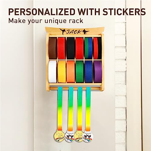 Tilhumt 12 Belts Karate Belt Display Rack with Trophy and Medal Display Rack, Taekwondo Belt Display Rack with Stickers, Martial Arts Belt Display for Kids and Adults