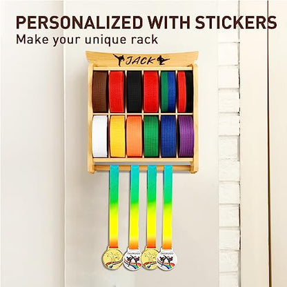 Tilhumt 12 Belts Karate Belt Display Rack with Trophy and Medal Display Rack, Taekwondo Belt Display Rack with Stickers, Martial Arts Belt Display for Kids and Adults