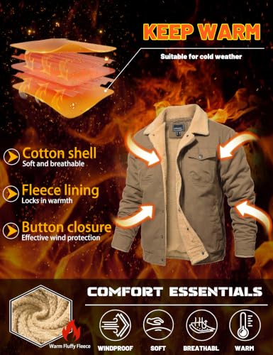 MAGNIVIT Mens Winter Jacket Thick Warm Fleece Lined Trucker Cargo Coat - color: Khaki, size: X-Large