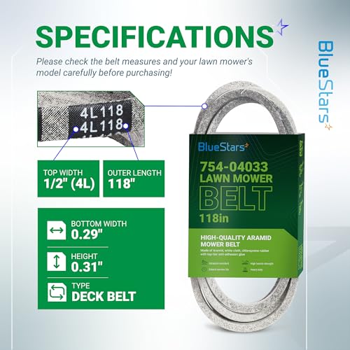 BlueStars 754-04033 Deck Belt | Heavy-Duty Aramid Cord | 1/2” x 118” - size: 754-04033, style: Aramid Cord