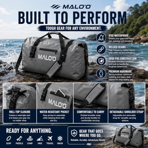 Malo’o Waterproof Dry Duffel, Heavy-Duty Roll Top Waterproof Gear Bag with Shoulder Strap & Molle Loops, Marine Duffel for Kayaking, Boating, Camping, Beach & Travel, Black, 60L - color: Black, size: 60L