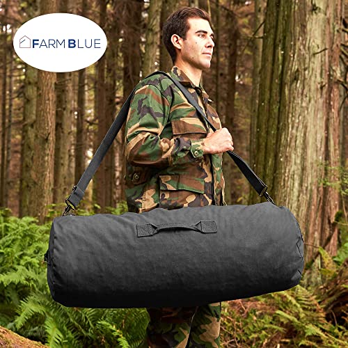 Farm Blue GI Style Zipper Duffel Bag - Large Heavy Duty Army Duffle Bag - Military Grade Cotton Canvas Duffel Bag - Reinforced Camping Bag - Strong Zipper, Center Grab Handle –21” x 36” - Black - color: Black, size: Large