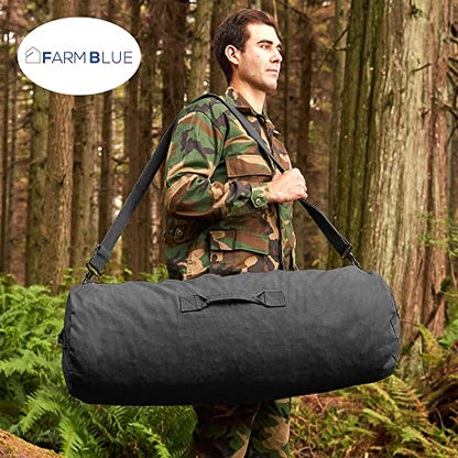 Farm Blue GI Style Zipper Duffel Bag - Large Heavy Duty Army Duffle Bag - Military Grade Cotton Canvas Duffel Bag - Reinforced Camping Bag - Strong Zipper, Center Grab Handle –21” x 36” - Black - color: Black, size: Large