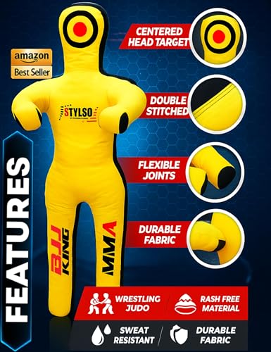 Unfilled Grappling Dummy – Adult Life Size Wrestling & BJJ Training Dummy, MMA Jiu Jitsu Judo Takedown & Throwing Practice, Heavy-Duty Triple-Stitched Canvas Submission Dummy - color: Yellow, size: 6ft / 72"
