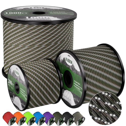 X XBEN Paracord Reflective 1000lb, 50/100/200/500/1000ft 4mm, 13 Strand Parachute Cord, Tactical Paracord Rope for Camping, Fishing, Clothesline, Hammock, Tent & Survival Bracelet, Forest Camo - color: Forest Camo, size: 200ft