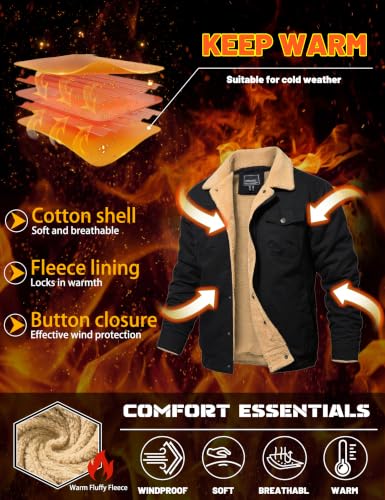 MAGNIVIT Mens Winter Jacket Thick Warm Fleece Lined Trucker Cargo Coat - color: Black, size: XX-Large