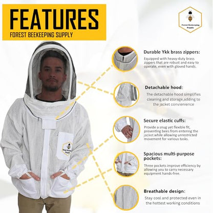 Ventilated Bee Jacket for Men and Women with Gloves and Detachable Fencing Veil, 3-Layer Beekeeping Jacket, YKK Brass Zippers (3XL) - size: 3XL