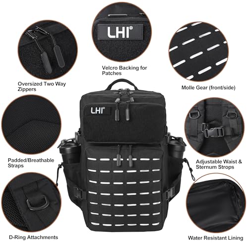 LHI Tactical Military Backpack for Men 25L/45L Large Molle Army Assault Pack 3 Day Hiking Rucksack With Bottle Holder - color: Black, size: 45L