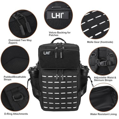 LHI Tactical Military Backpack for Men 25L/45L Large Molle Army Assault Pack 3 Day Hiking Rucksack With Bottle Holder - color: Black, size: 45L