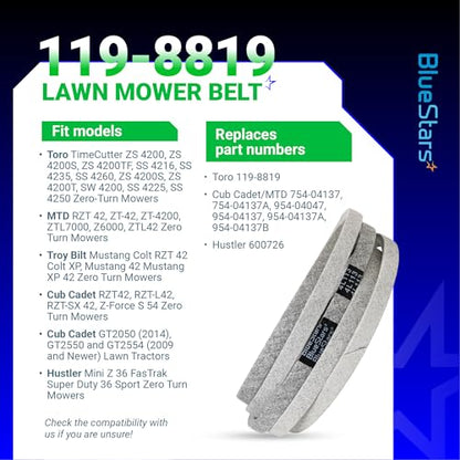 BlueStars 119-8819 Mower Deck Belt | Aramid Cord | 1/2" x 113 1/2" - size: 119-8819, style: Aramid Cord