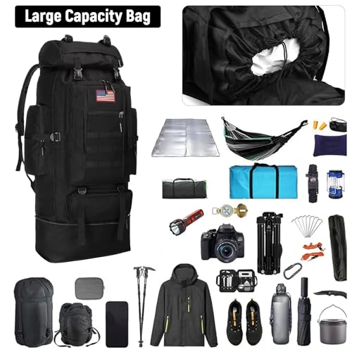 JUMAHE 100L Hiking Backpack for Men - Rucksack Molle Military Tactical Waterproof Lightweight Camping Backpack 3 Day Assault Pack for Travel, Climbing, Backpacking - color: 100l Black - Expandable, style: Hiking Backpack 3077