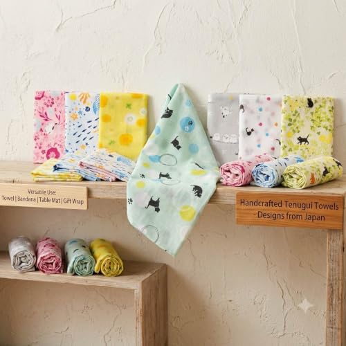 Japanese Gauze Tenugui Towel – 100% Cotton Made in Japan – Quick Dry, Soft & Lightweight Kitchen Tea Towel, Face & Hand Towel for Travel, Gym and Daily Use (1, Cat Ball Pattern Green, Medium) - color: Cat Ball Pattern Green
