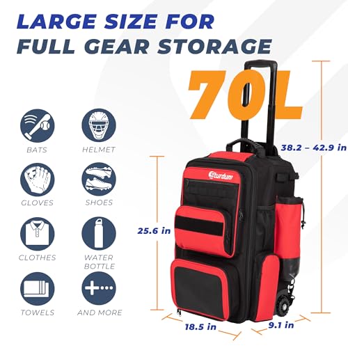 Rolling Baseball Bag with Wheels, 70L Baseball Backpack - color: Red
