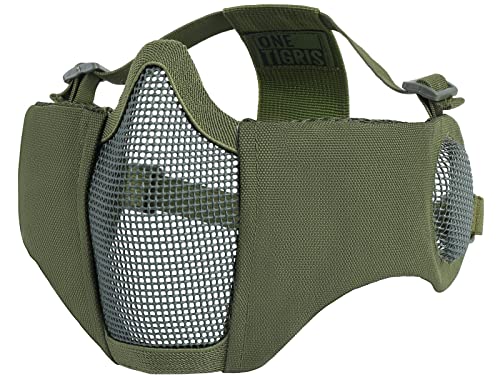OneTigris Foldable Airsoft Steel Mesh Half Face Mask with Ear Protection - color: OD Green