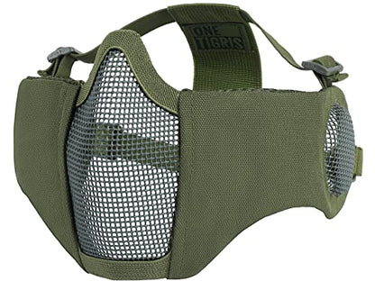 OneTigris Foldable Airsoft Steel Mesh Half Face Mask with Ear Protection - color: OD Green